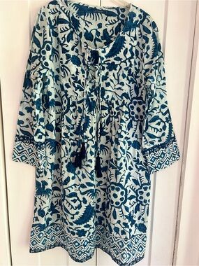 La Plage Maye Pintuck women's blue and white Peasant Dress L